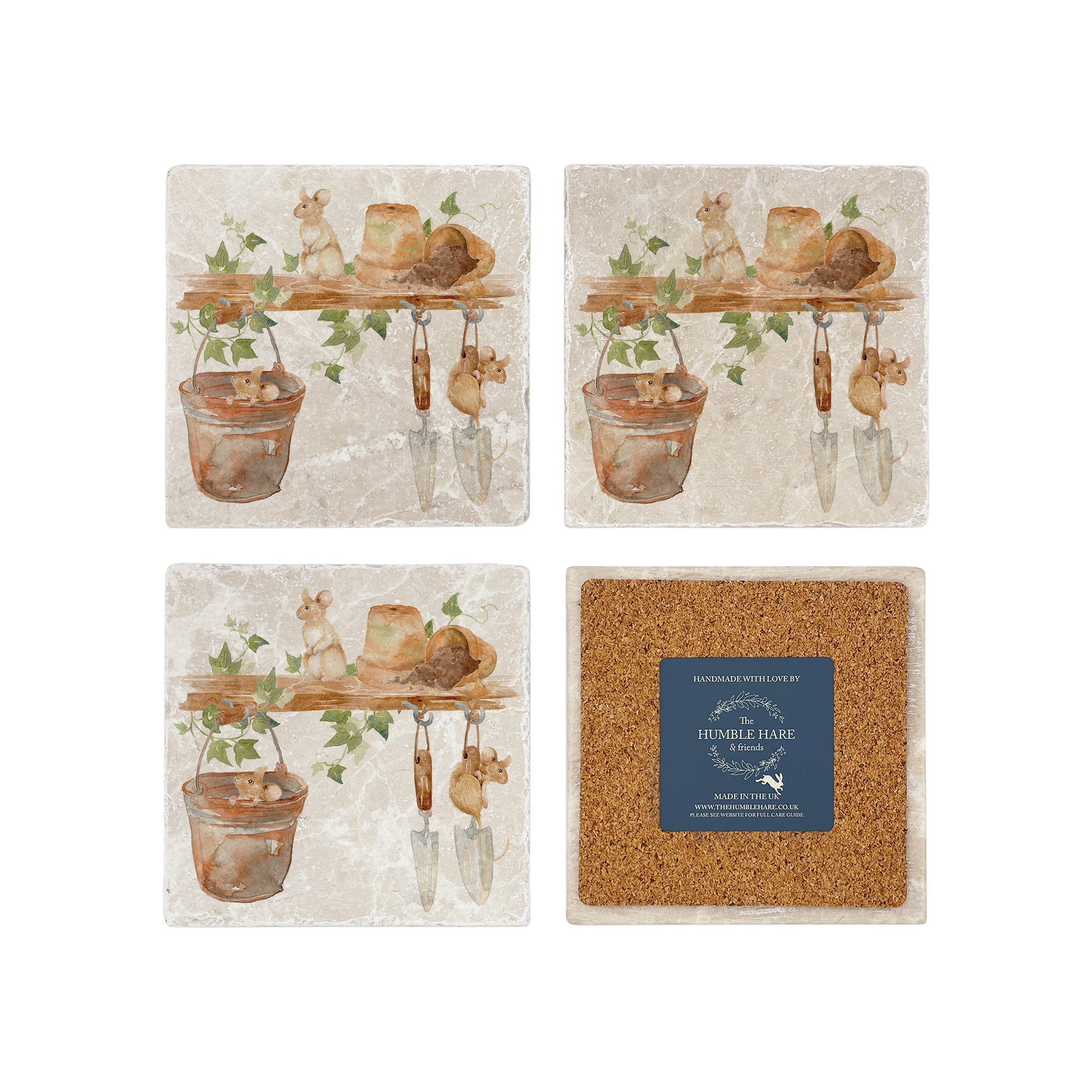 A set of four marble coasters featuring a  watercolour design of mice in a garden shed among the flowerpots and tools. One coaster is flipped to show that it is backed with cork to protect worksurfaces.