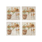 A set of four marble coasters featuring a  watercolour design of mice in a garden shed among the flowerpots and tools.
