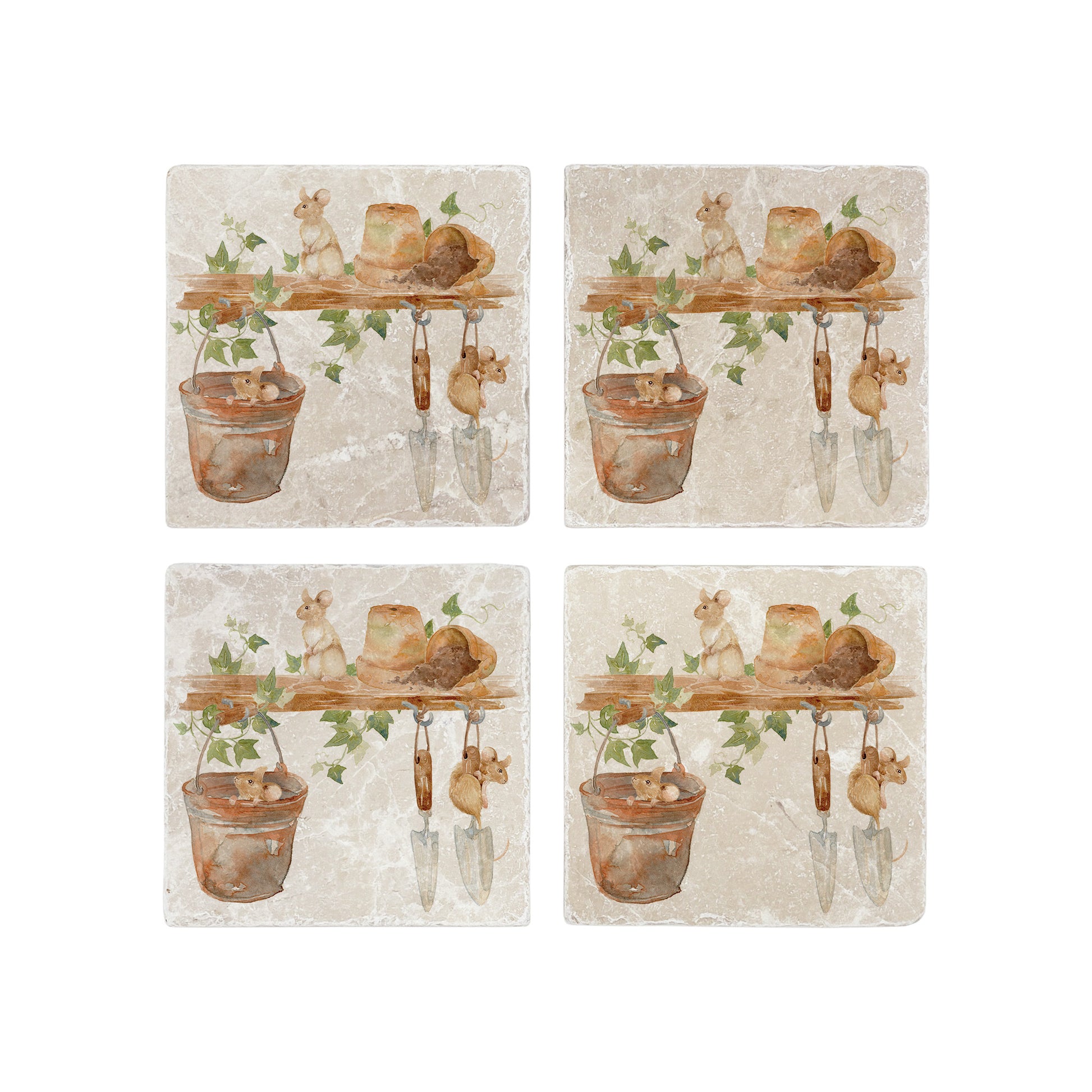A set of four marble coasters featuring a  watercolour design of mice in a garden shed among the flowerpots and tools.