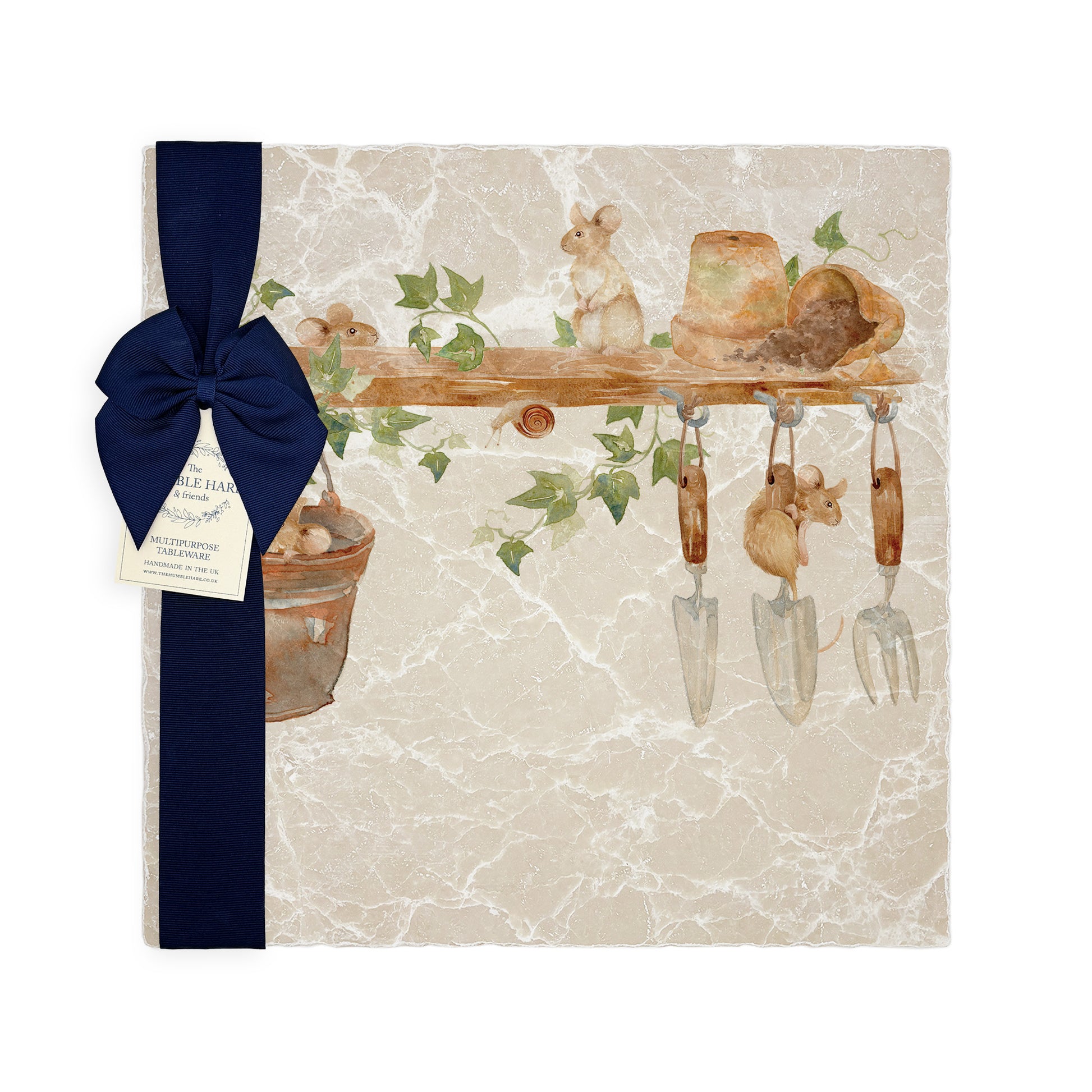 This Large Marble serving platter, this design  has some mischievous mice playing in the garden shed. 