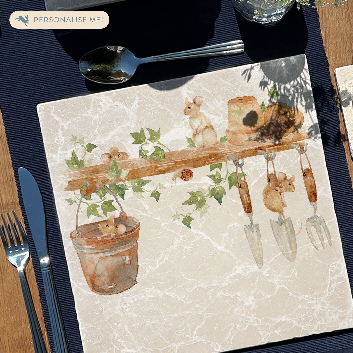 This Large Marble serving platter, this design  has some mischievous mice playing in the garden shed. 