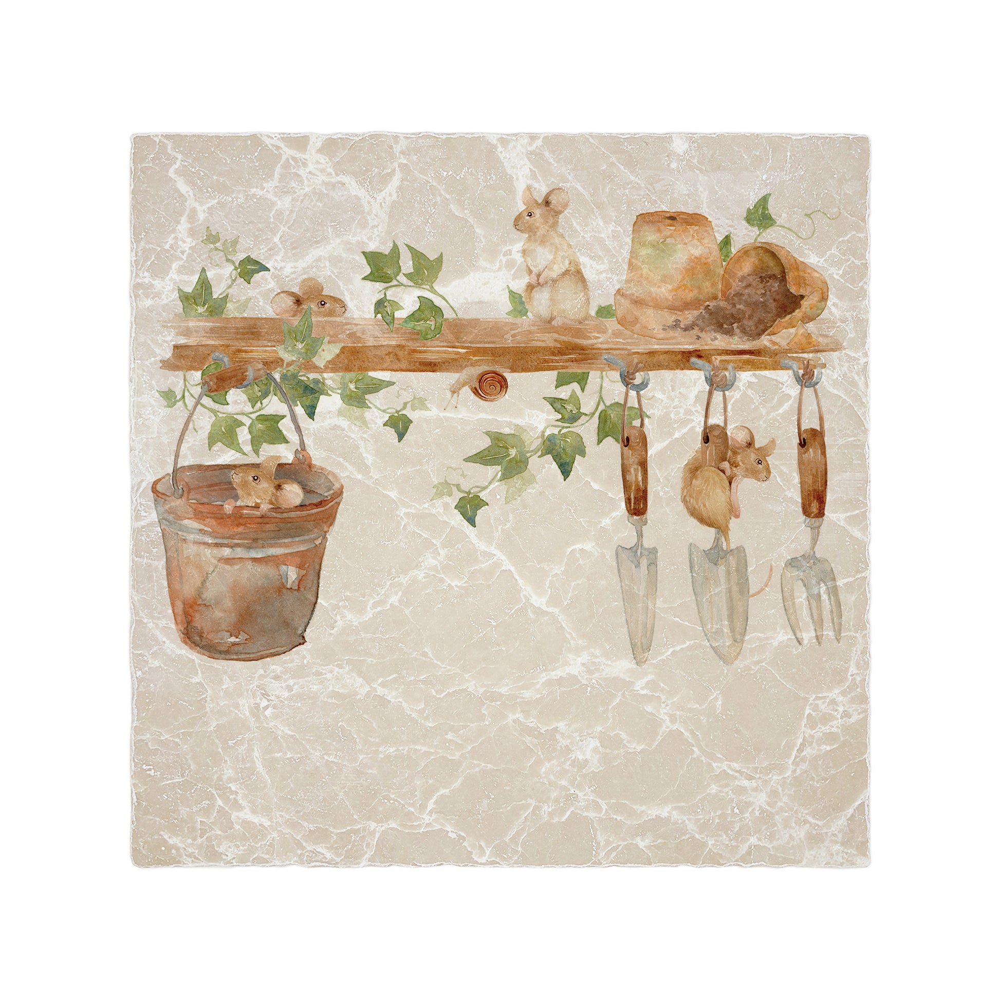 This Large Marble serving platter, this design  has some mischievous mice playing in the garden shed. 