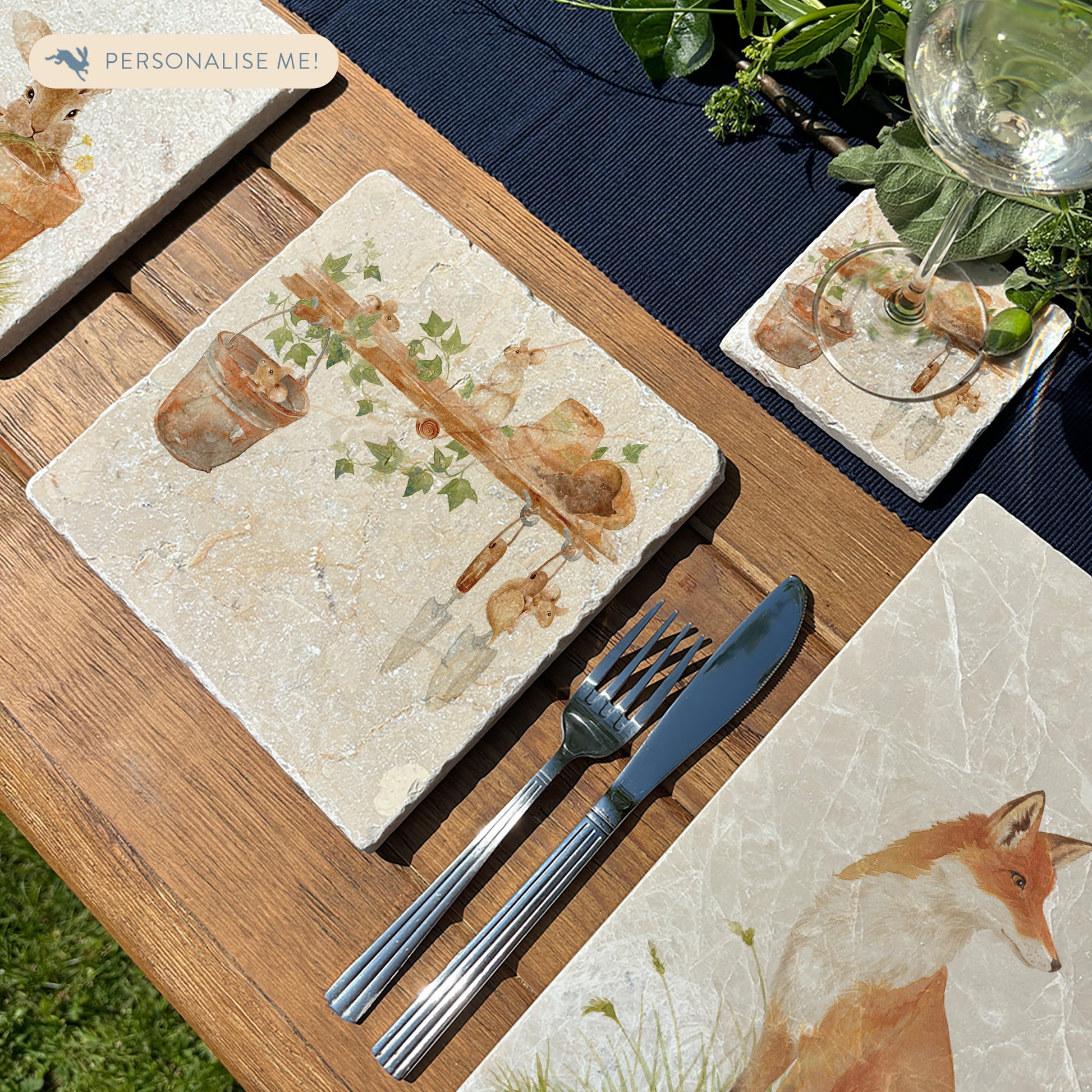 Medium Marble serving platter, this design  has some mischievous mice playing in the garden shed. 