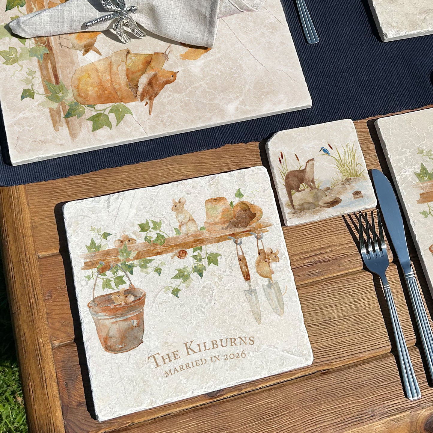 Medium Marble serving platter, this design  has some mischievous mice playing in the garden shed. 