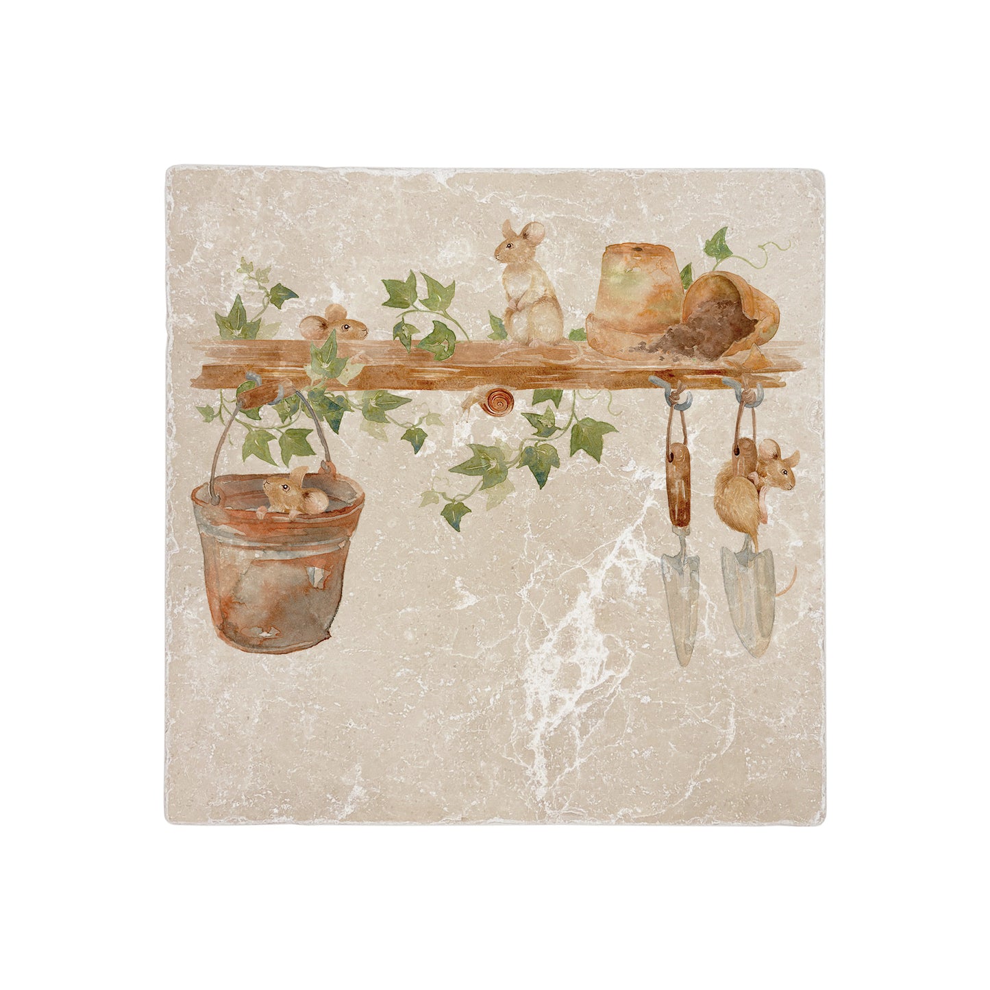 Medium Marble serving platter, this design  has some mischievous mice playing in the garden shed. 