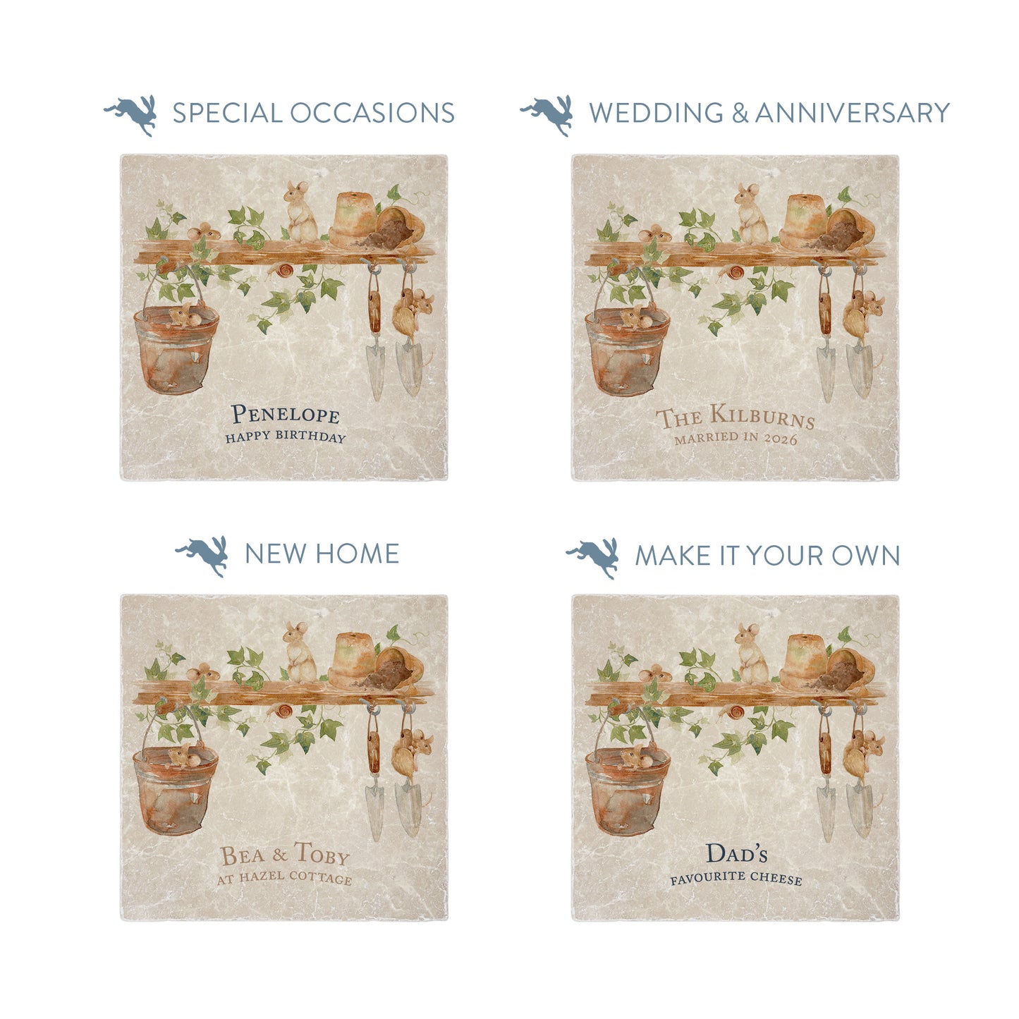 Medium Marble serving platter, this design  has some mischievous mice playing in the garden shed. 