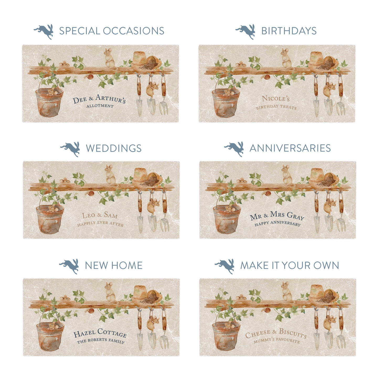 This sharing Marble serving platter, this design  has some mischievous mice playing in the garden shed. 