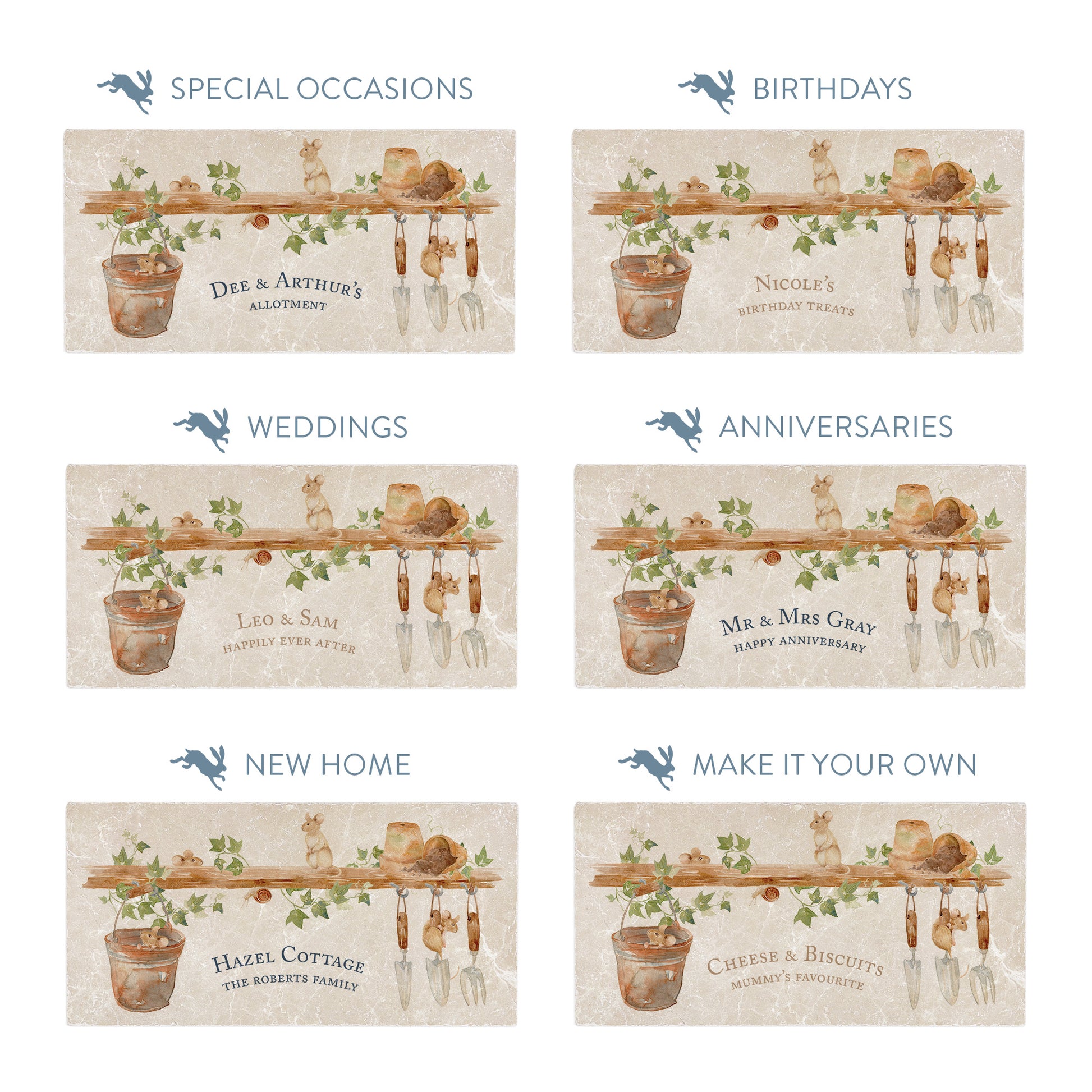 This sharing Marble serving platter, this design  has some mischievous mice playing in the garden shed. 