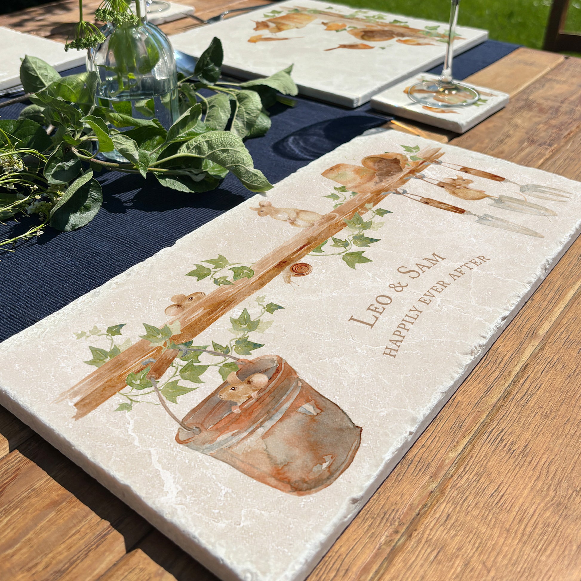 This sharing Marble serving platter, this design  has some mischievous mice playing in the garden shed. 