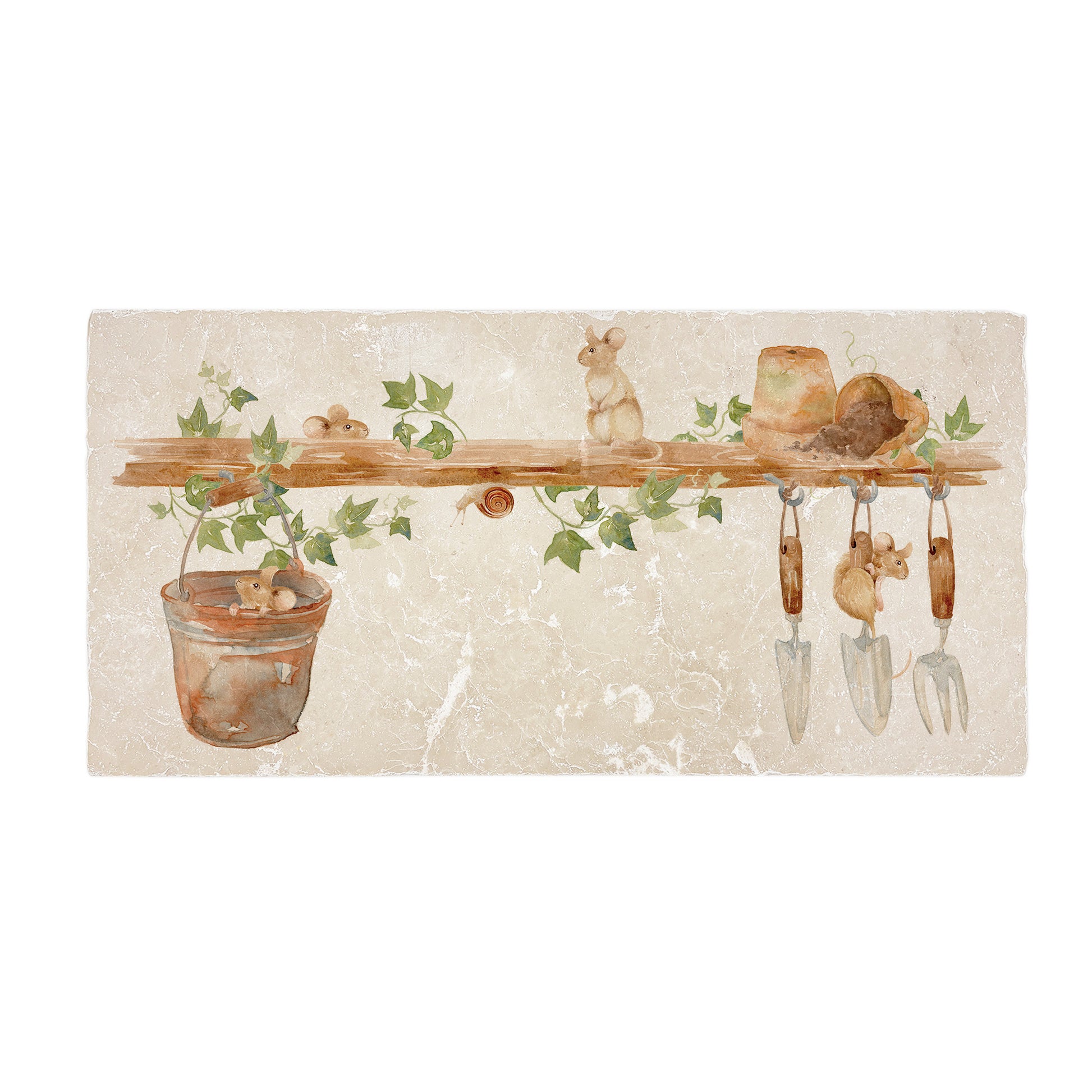 This sharing Marble serving platter, this design  has some mischievous mice playing in the garden shed. 