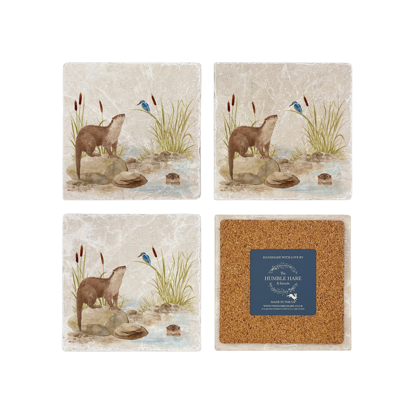 Otter and Kingfisher down by the Riverbank watercolour design on our natural marble stone platter. Perfect worktop saver. 