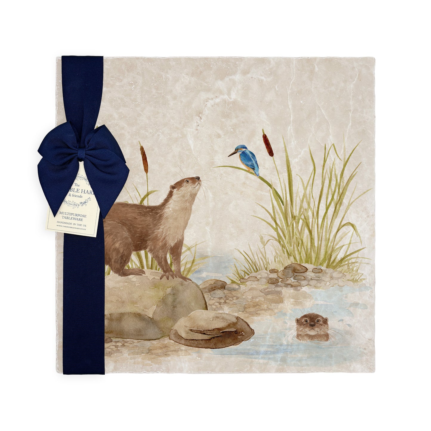 Otter and Kingfisher down by the Riverbank watercolour design on our natural marble stone platter. Perfect worktop saver. Finished with a beautiful blue bow