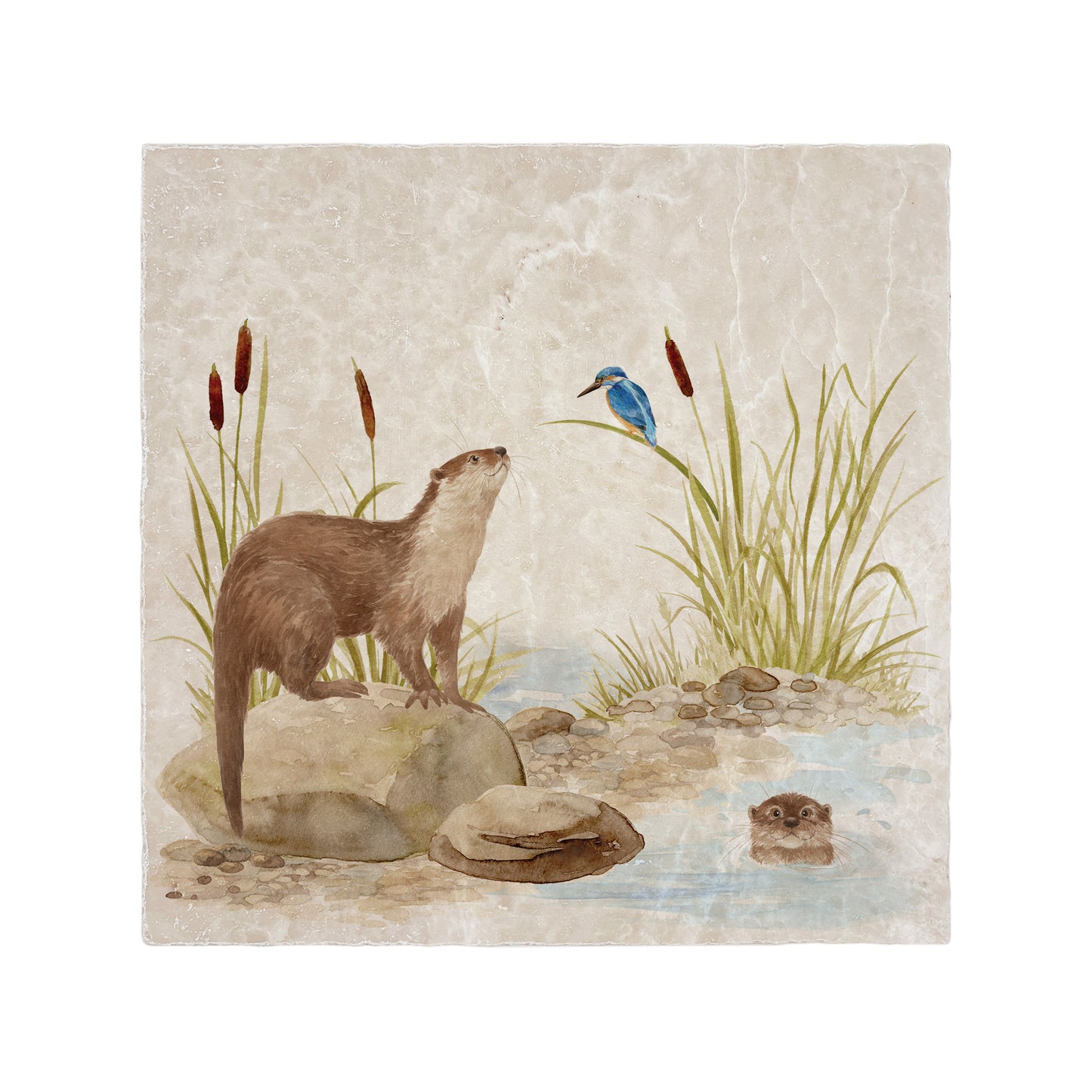 Otter and Kingfisher down by the Riverbank watercolour design on our natural marble stone platter. Perfect worktop saver. 