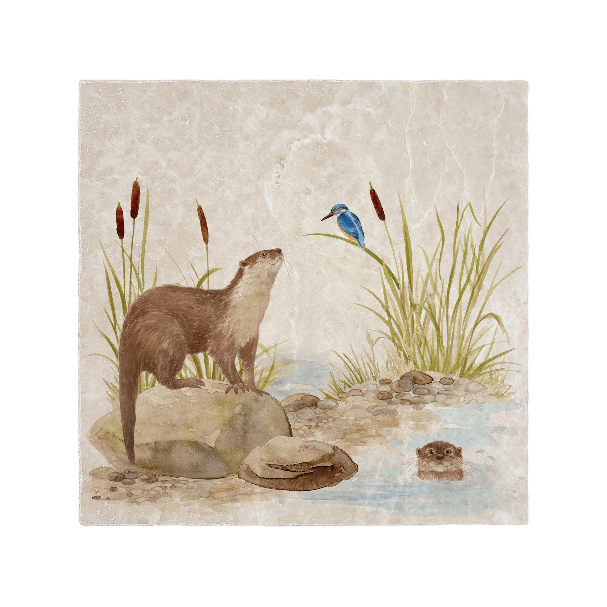 Otter and Kingfisher down by the Riverbank watercolour design on our natural marble stone platter. Perfect worktop saver. 