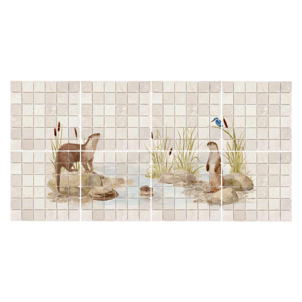 Bespoke decorative kitchen tiles featuring a traditional English countryside scene an otter and kingfisher 
