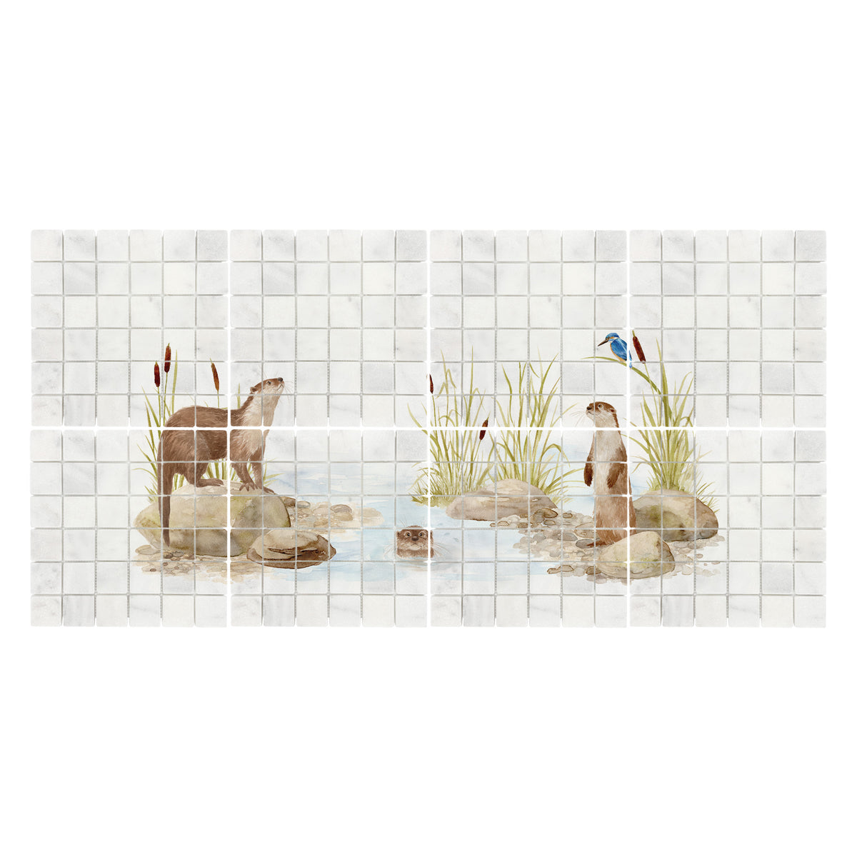 Bespoke decorative kitchen tiles featuring a traditional English countryside scene an otter and kingfisher 