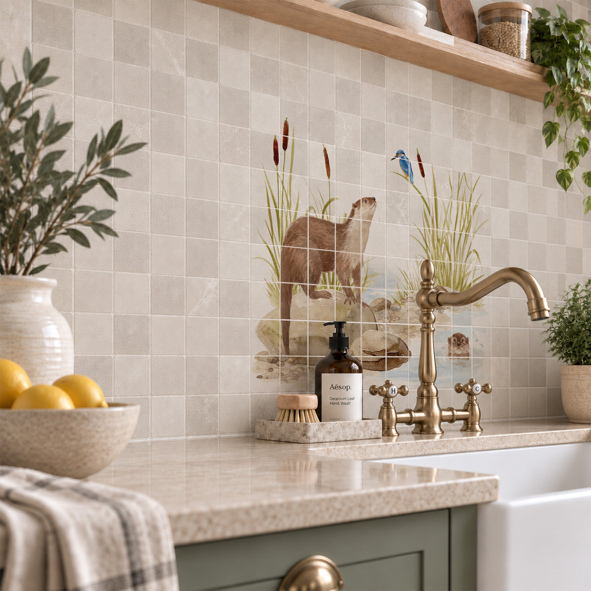 Bespoke decorative kitchen tiles featuring a traditional English countryside scene