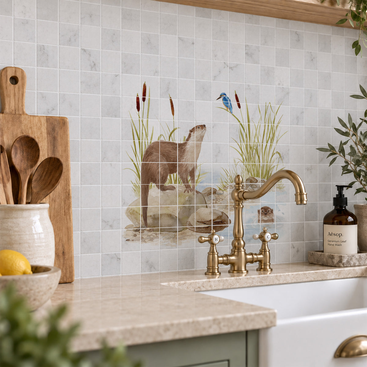 Bespoke decorative kitchen tiles featuring a traditional English countryside scene