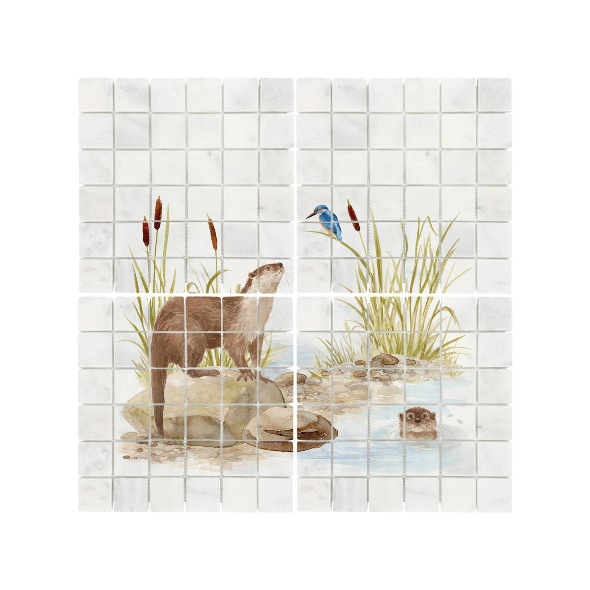 Bespoke decorative kitchen tiles featuring a traditional English countryside scene an otter and kingfisher 