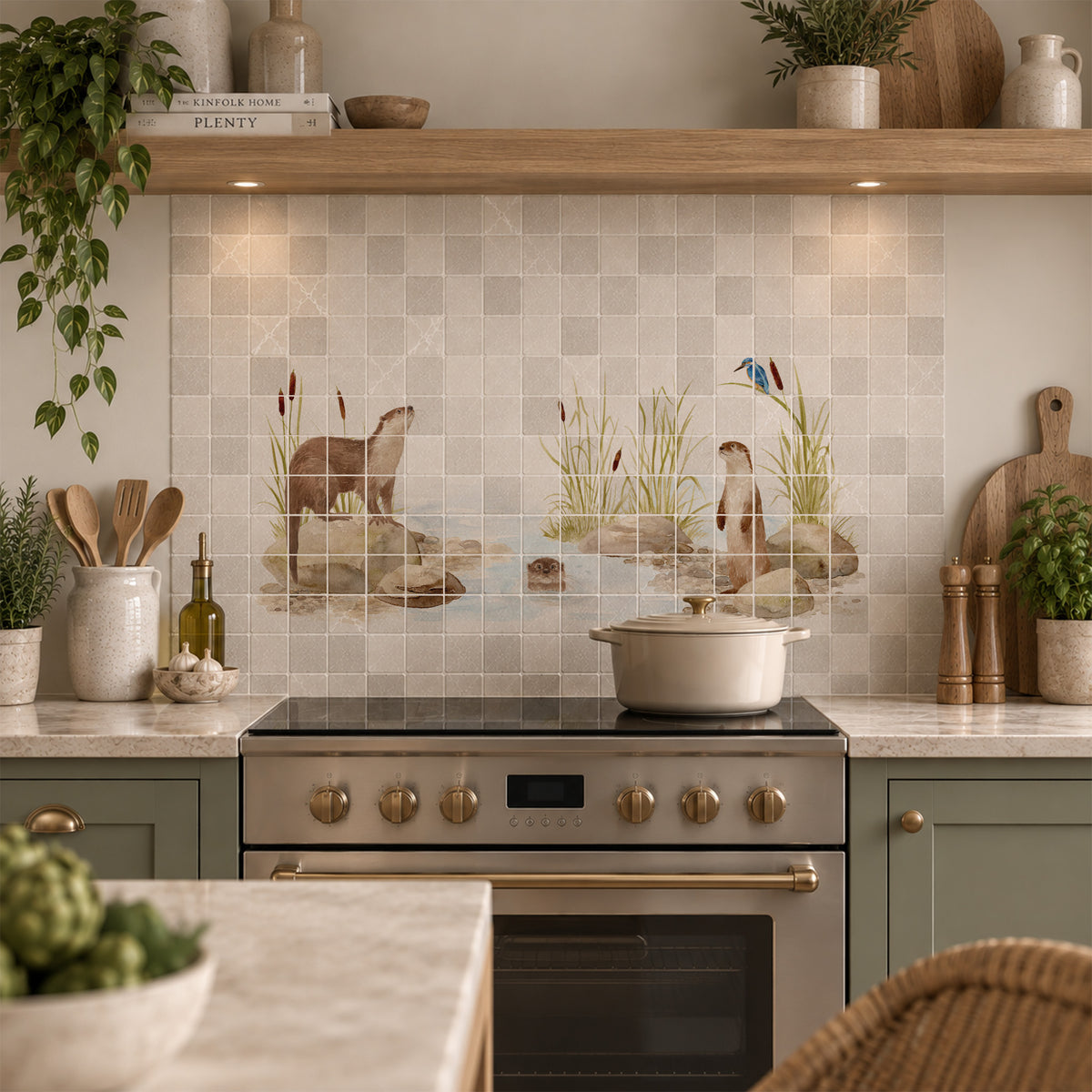 Bespoke decorative kitchen tiles featuring a traditional English countryside scene an otter and kingfisher 