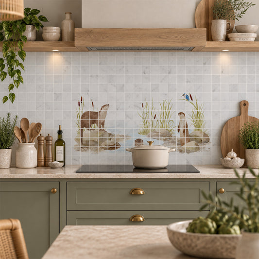 Bespoke decorative kitchen tiles featuring a traditional English countryside scene an otter and kingfisher 