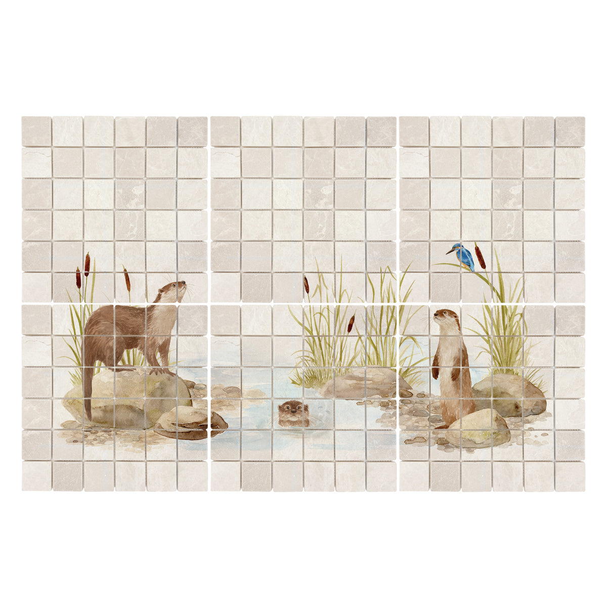 Bespoke decorative kitchen tiles featuring a traditional English countryside scene an otter and kingfisher 