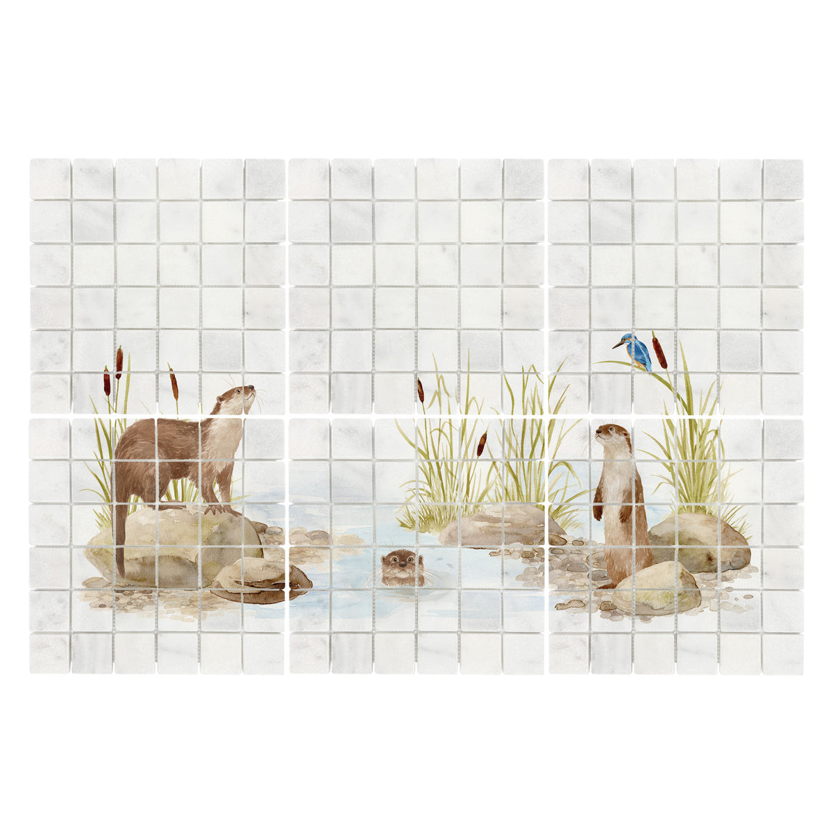 Bespoke decorative kitchen tiles featuring a traditional English countryside scene an otter and kingfisher 