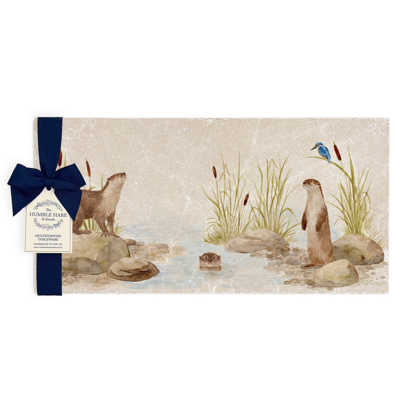 Otter and Kingfisher down by the Riverbank watercolour design on our natural marble stone platter. Perfect worktop saver. 