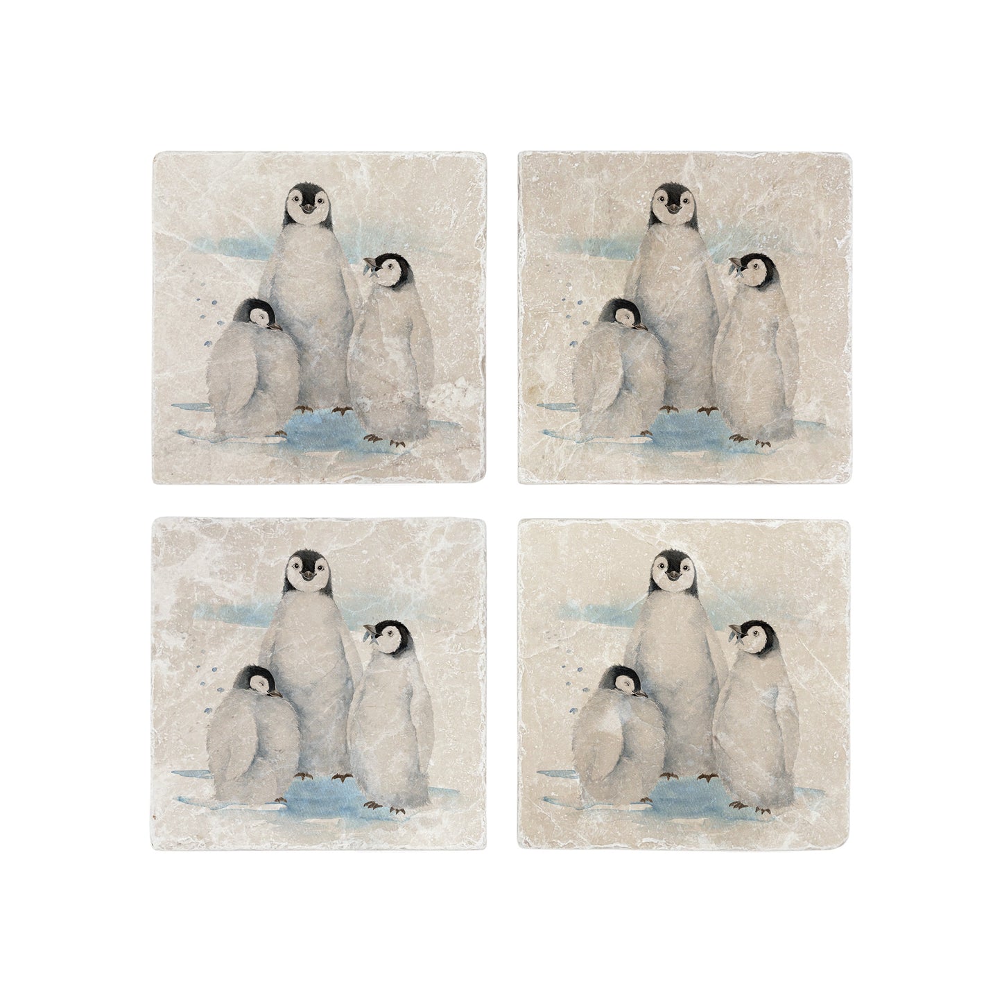 The Penguin Huddle Design features a set of 4 marble coasters with three penguins huddled together. One cheeky penguin has caught a fish to show his friends. 