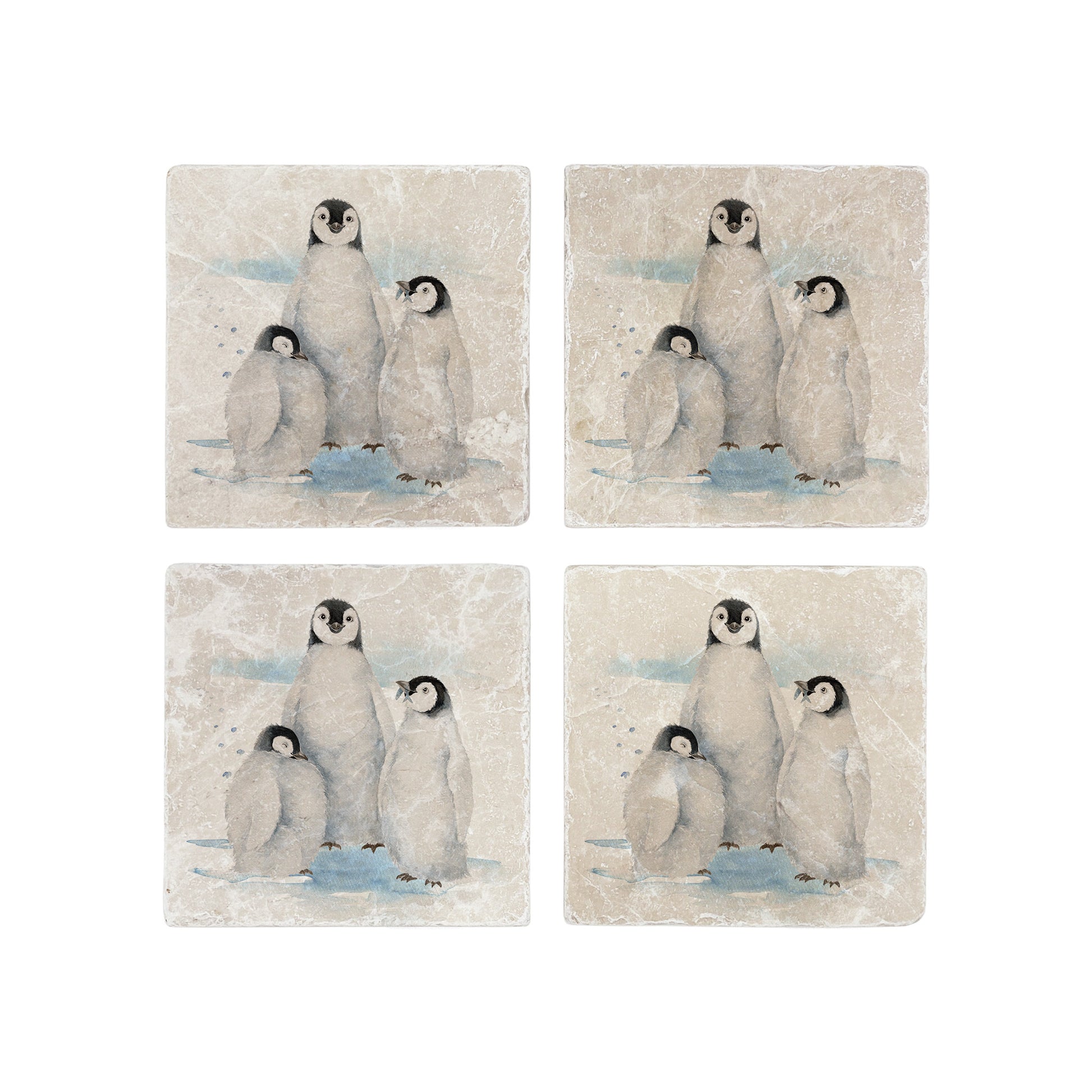 The Penguin Huddle Design features a set of 4 marble coasters with three penguins huddled together. One cheeky penguin has caught a fish to show his friends. 