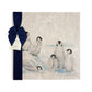 Beautiful Penguin family huddled together on our best selling Large Platter they are in a snowy Antarctica the perfect gift finished with a blue ribbon.  