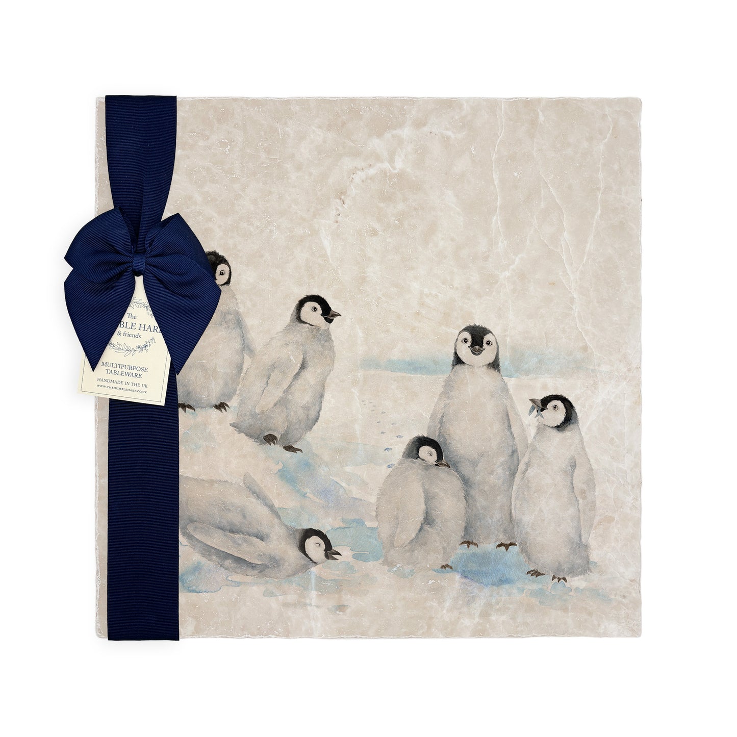Beautiful Penguin family huddled together on our best selling Large Platter they are in a snowy Antarctica the perfect gift finished with a blue ribbon.  