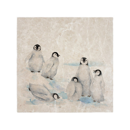 Beautiful Penguin family huddled together on our best selling Large Platter they are in a snowy Antarctica the perfect gift finished with a blue ribbon.  