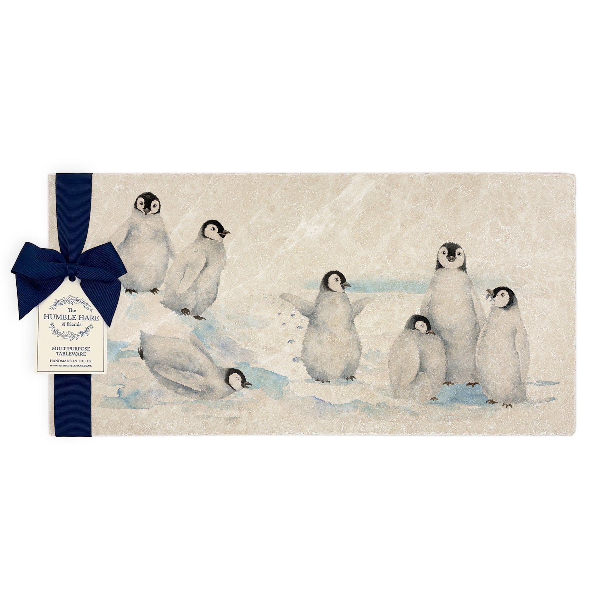 Beautiful Penguin family huddled together on our best selling sharing platter they are in a snowy Antarctica the perfect gift finished with a blue ribbon.  