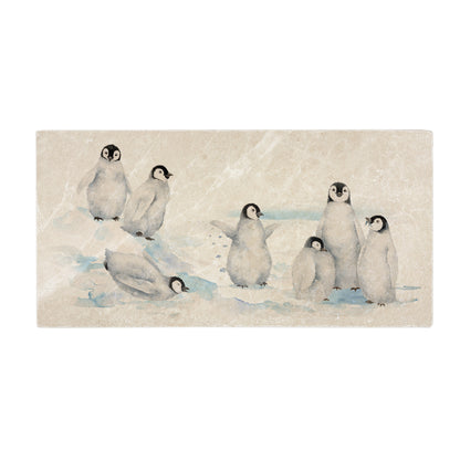 Beautiful Penguin family huddled together, with some cheeky characters having fun sliding around on their tummies, this design is on  our best selling sharing platter they are in a snowy Antarctica the perfect gift finished with a blue ribbon.  