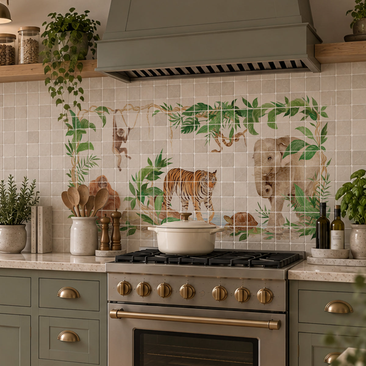 Elegant countryside artwork designed as a luxury kitchen splashback, with rainforest animals featuring as the centrepiece 