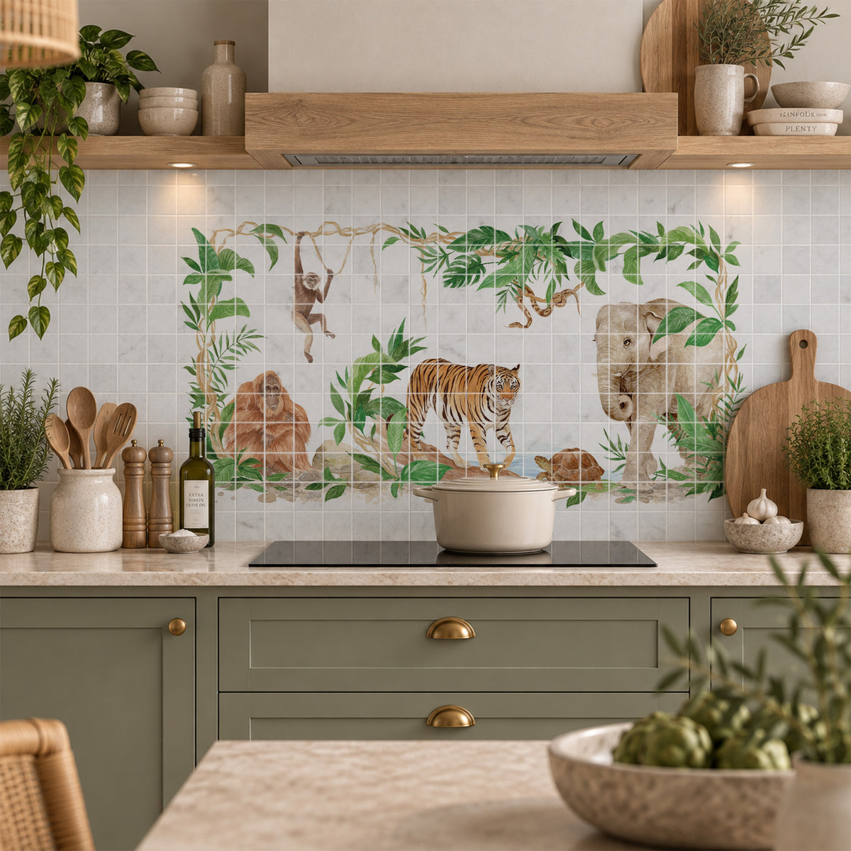 Elegant countryside artwork designed as a luxury kitchen splashback, with rainforest animals featuring as the centrepiece 