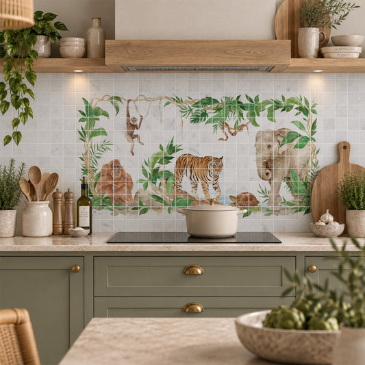 Elegant countryside artwork designed as a luxury kitchen splashback, with rainforest animals featuring as the centrepiece 