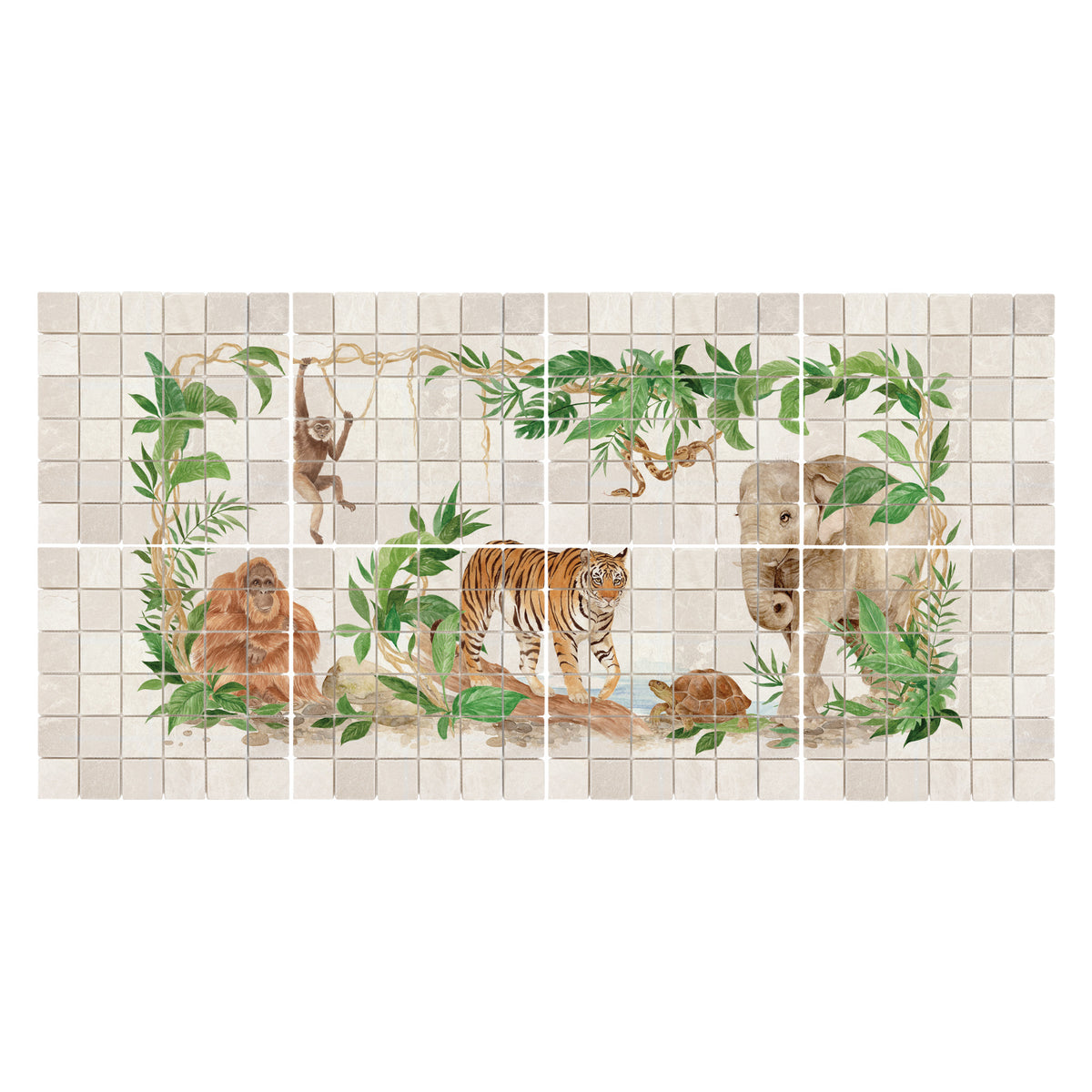 Elegant countryside artwork designed as a luxury kitchen splashback, with rainforest animals featuring as the centrepiece 