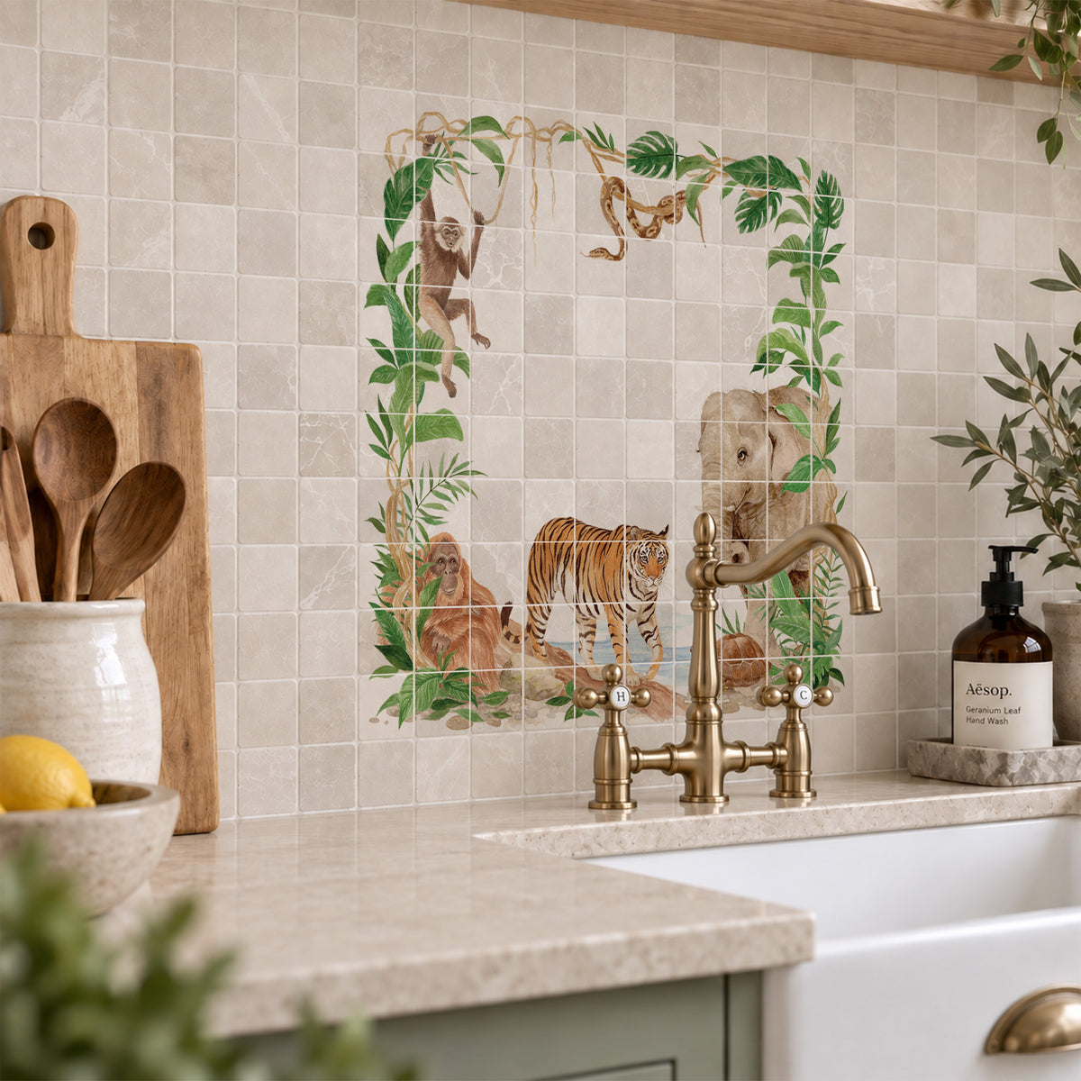 Elegant countryside artwork designed as a luxury kitchen splashback, with rainforest animals featuring as the centrepiece 