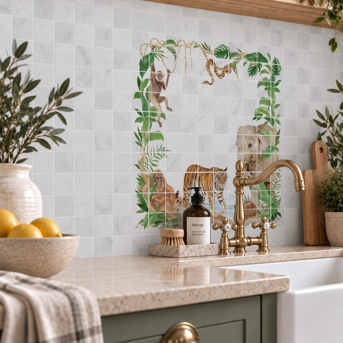 Elegant countryside artwork designed as a luxury kitchen splashback, with rainforest animals featuring as the centrepiece 