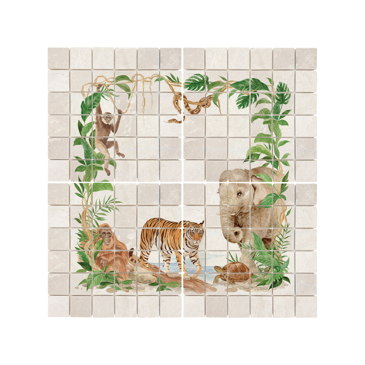 Elegant countryside artwork designed as a luxury kitchen splashback, with rainforest animals featuring as the centrepiece 