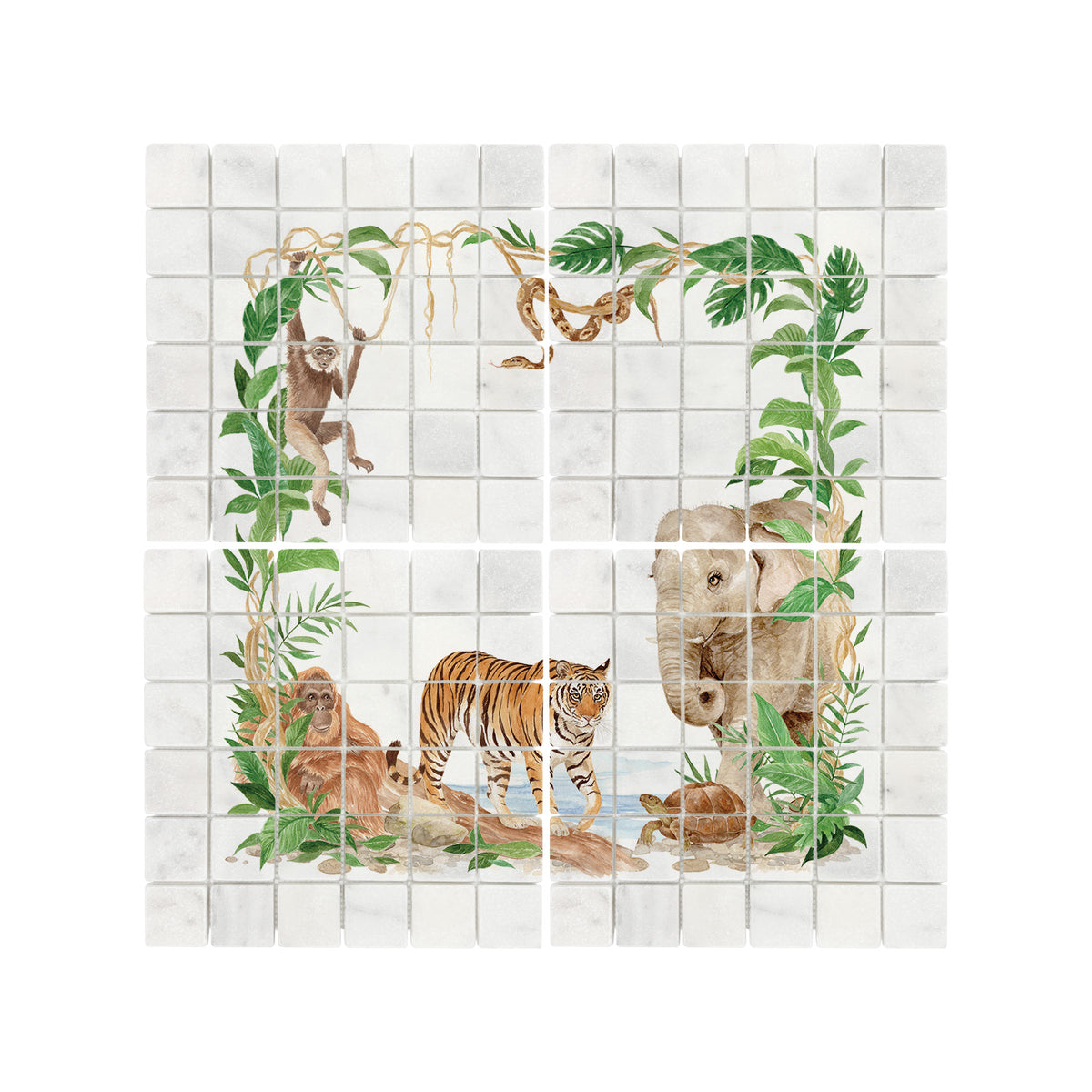 Elegant countryside artwork designed as a luxury kitchen splashback, with rainforest animals featuring as the centrepiece 
