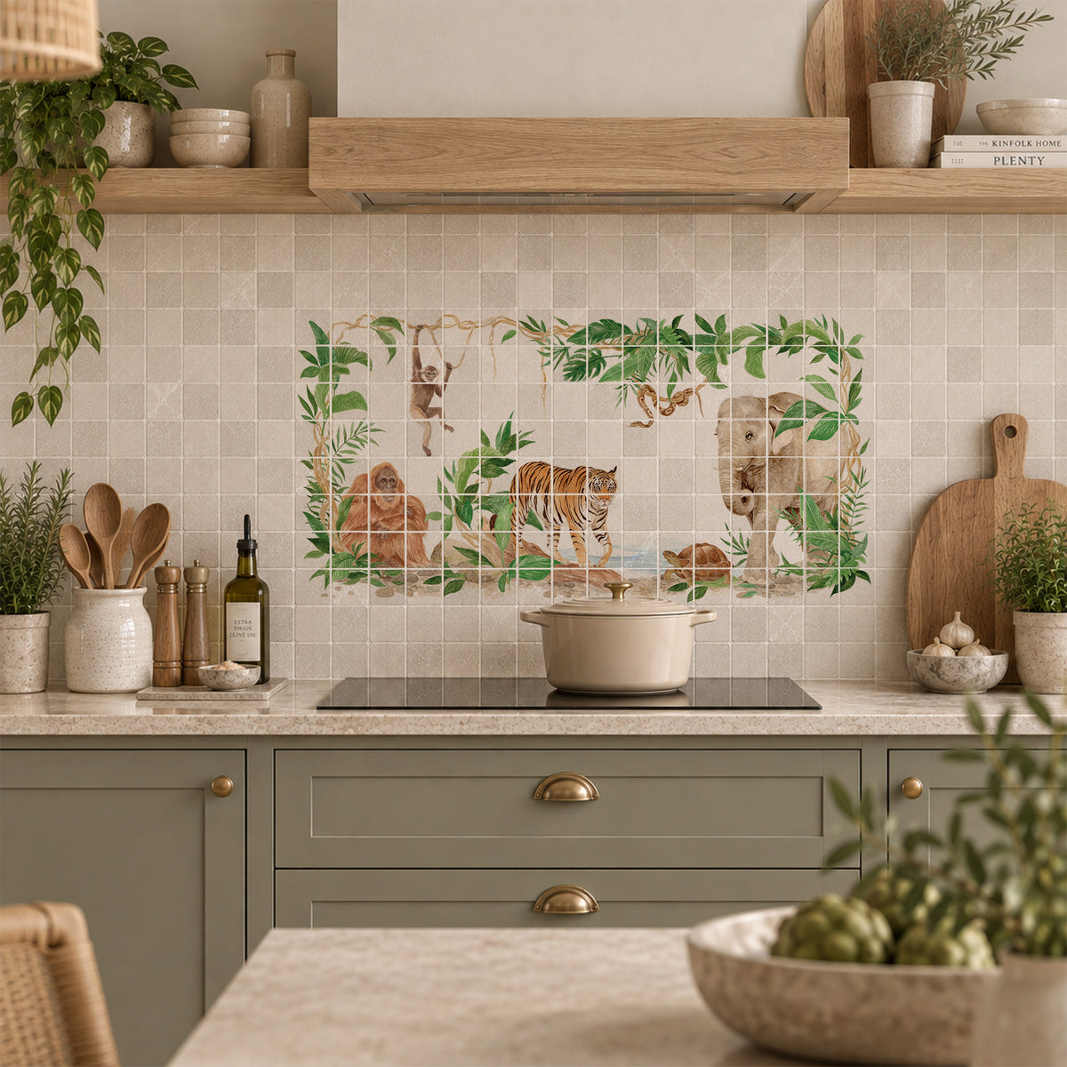Elegant countryside artwork designed as a luxury kitchen splashback, with rainforest animals featuring as the centrepiece 