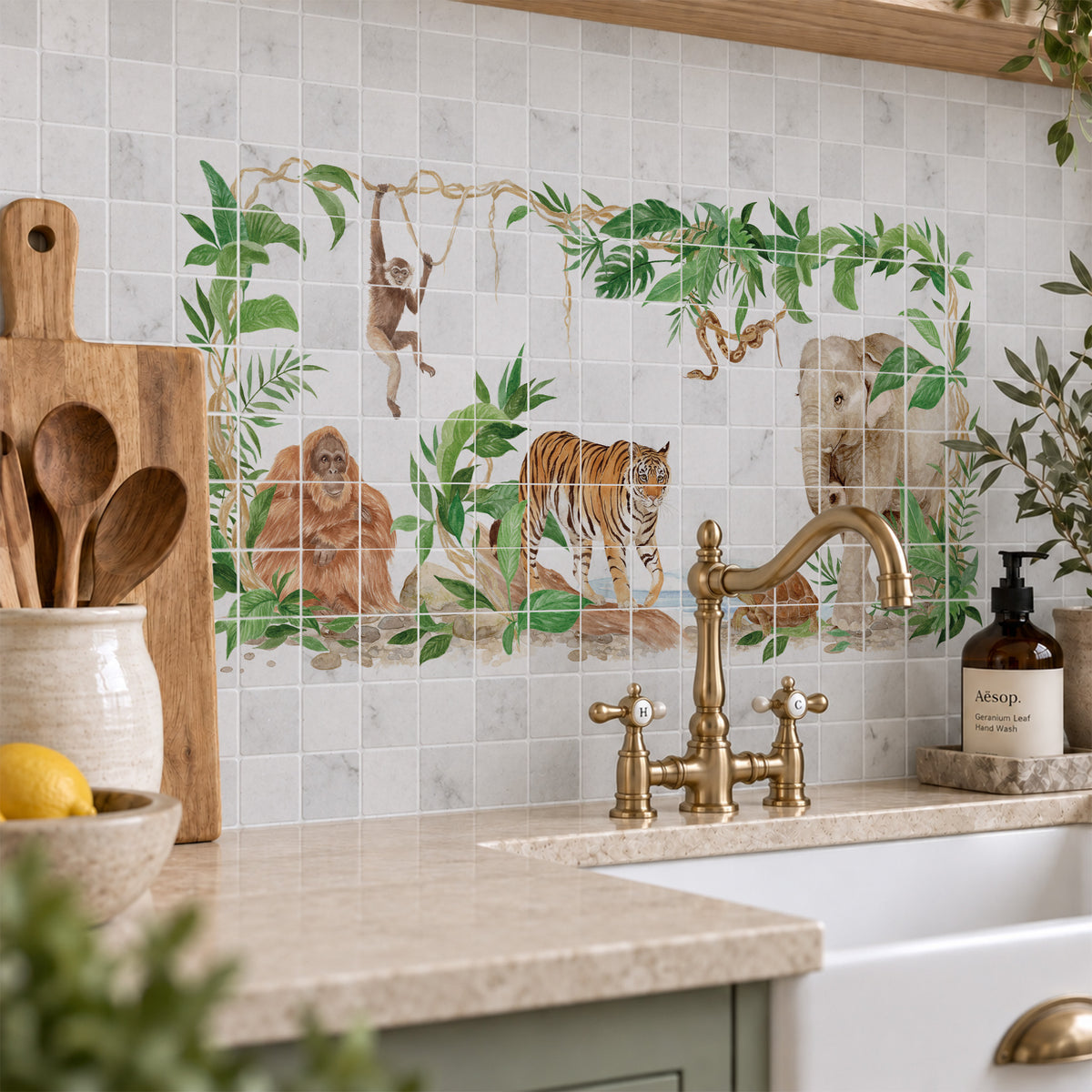 Elegant countryside artwork designed as a luxury kitchen splashback, with rainforest animals featuring as the centrepiece 