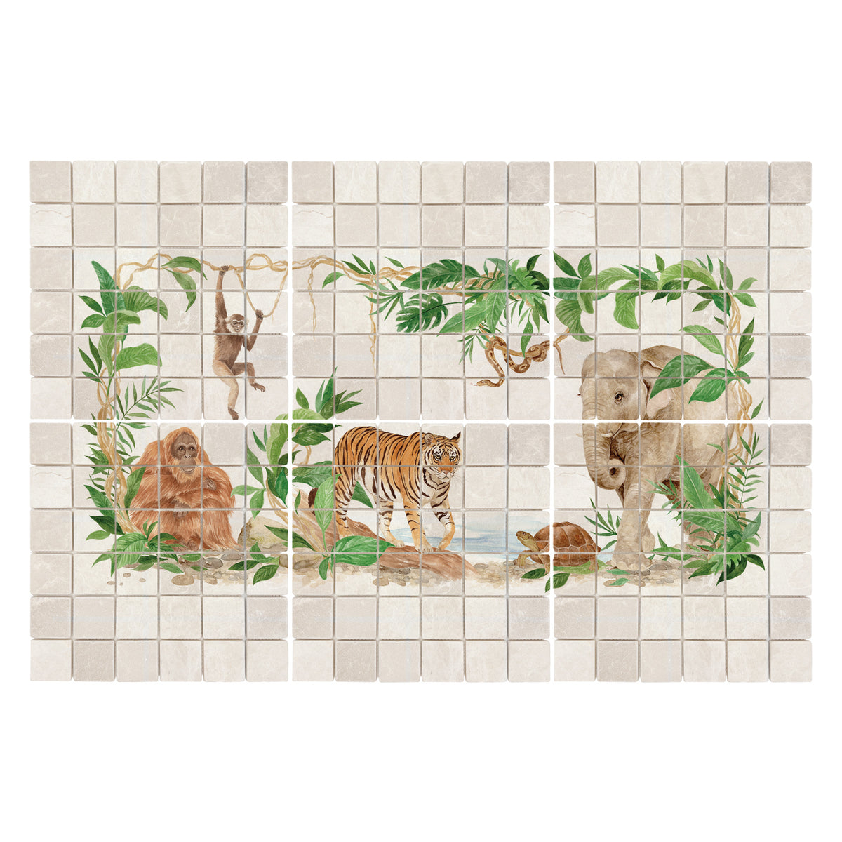 Elegant countryside artwork designed as a luxury kitchen splashback, with rainforest animals featuring as the centrepiece 