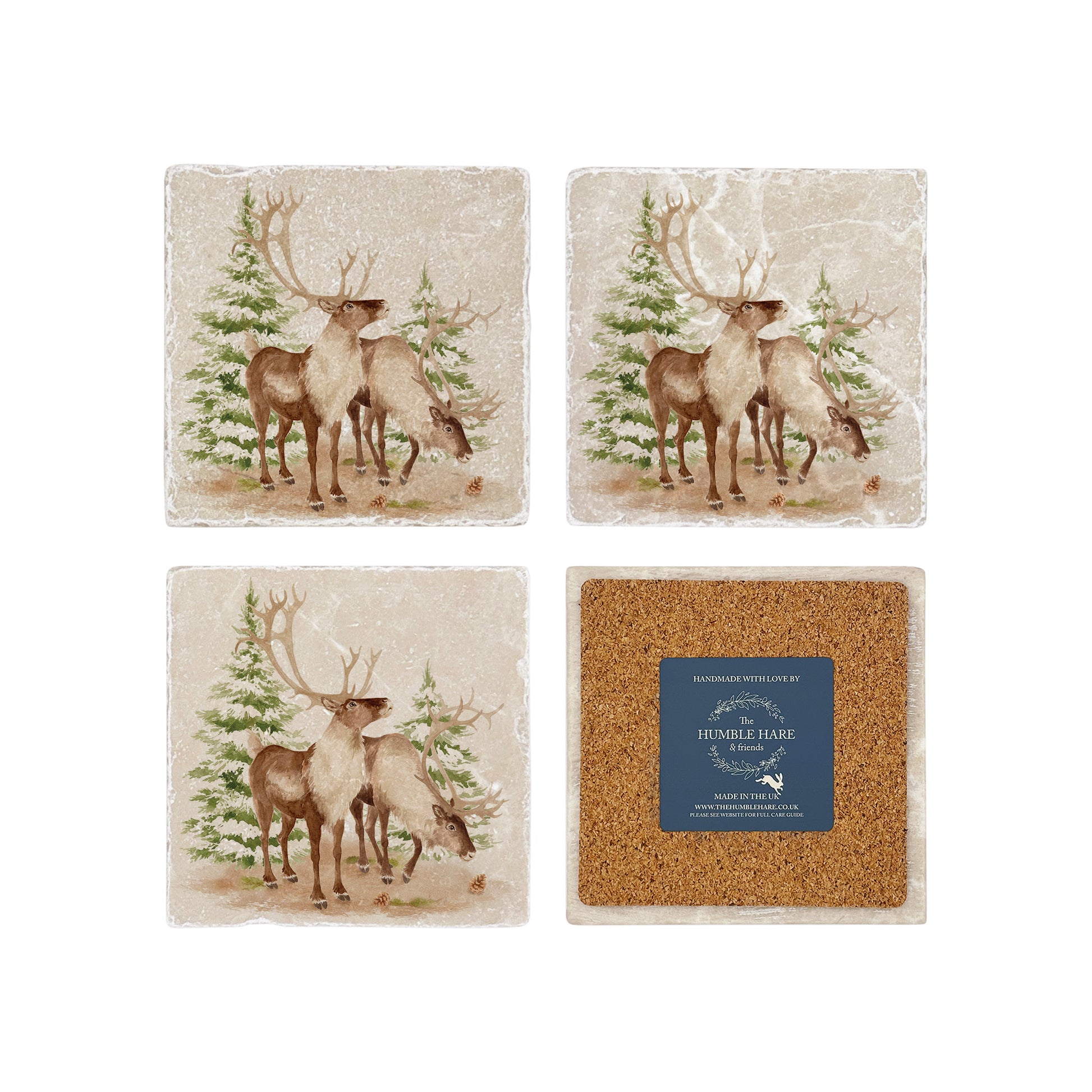 The Reindeers rest design features reindeer appearing from an opening in the wintery snowy forest. unique gift for someone special 