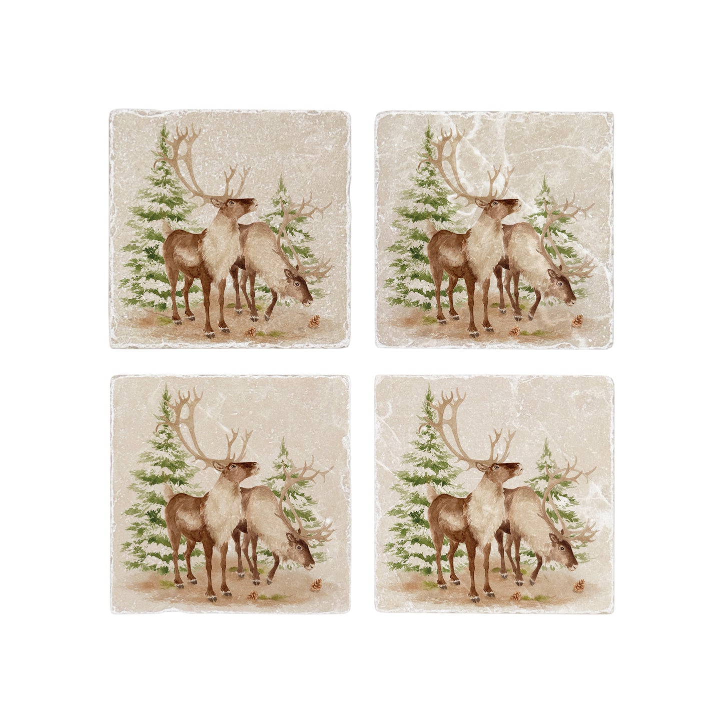 The Reindeers rest design features reindeer appearing from an opening in the wintery snowy forest. unique gift for someone special 