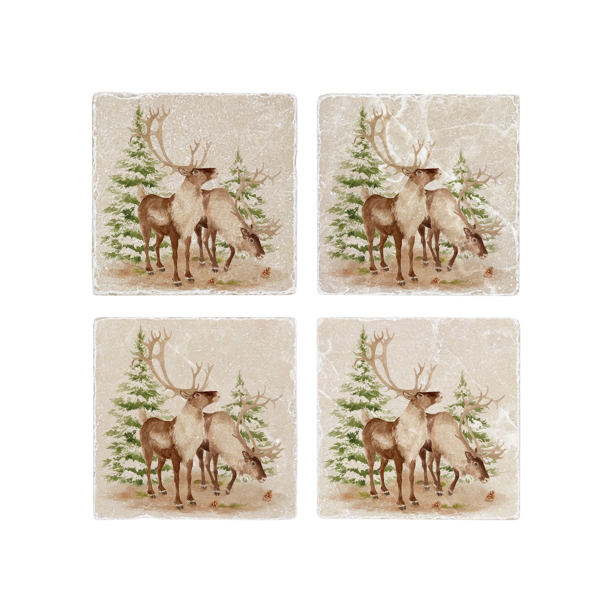 The Reindeers rest design features reindeer appearing from an opening in the wintery snowy forest. unique gift for someone special 