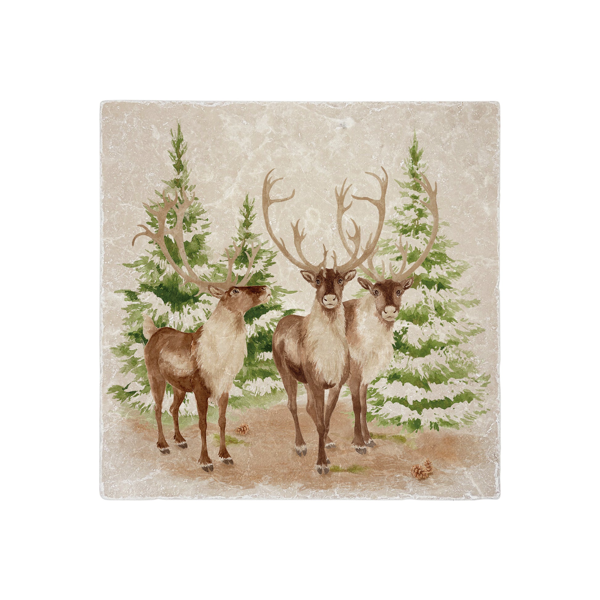 A group of Reindeer resting surrounded by snowy pine trees. The perfect centrepiece for a show stopping Kitchen Renovation 